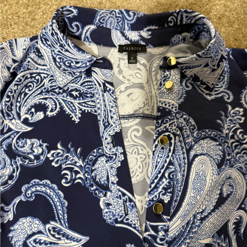 Talbots Navy Paisley 3/4 Sleeve Shift Dress Size S Small Polyester Spandex - Picture 3 of 7